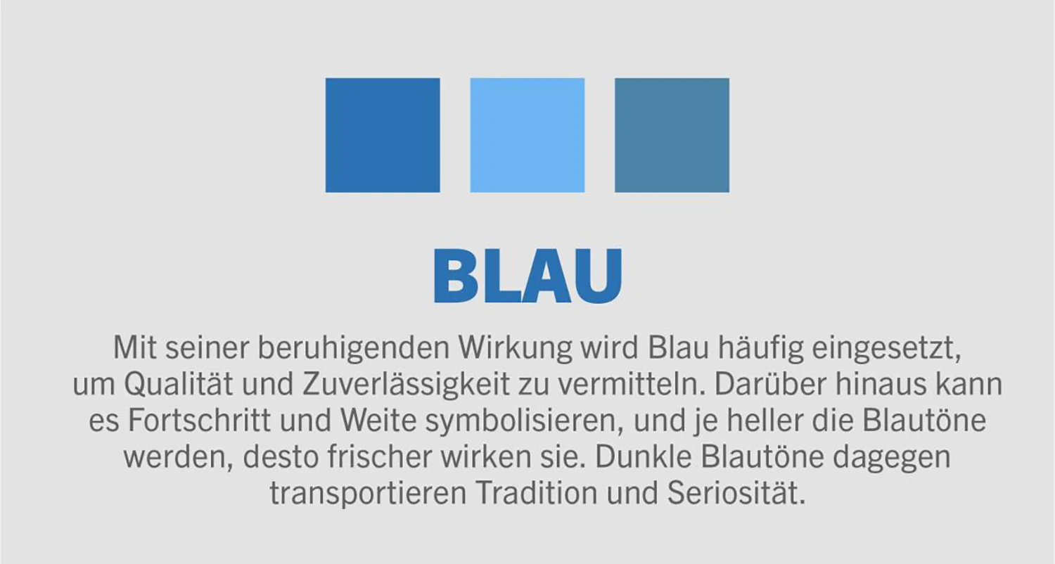 Beschreibung der Farbbedeutung von Blau mit Beispielen unterschiedlicher Blautöne.