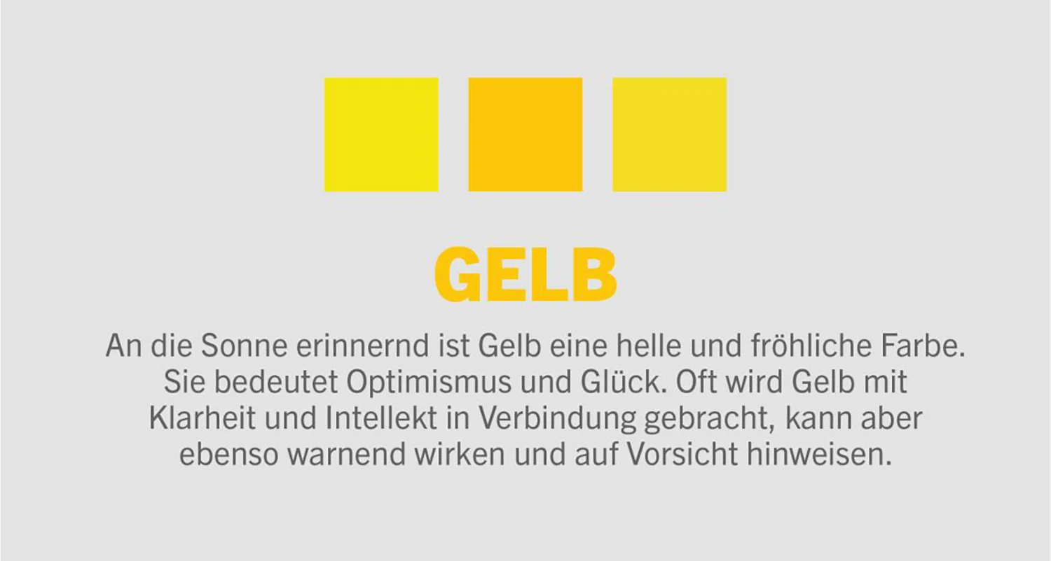 Beschreibung der Farbbedeutung von Gelb mit Beispielen unterschiedlicher Gelbtöne.