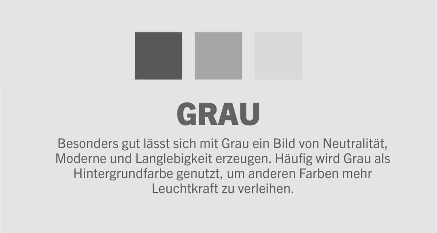 Beschreibung der Farbbedeutung von Grau mit Beispielen unterschiedlicher Grautöne.