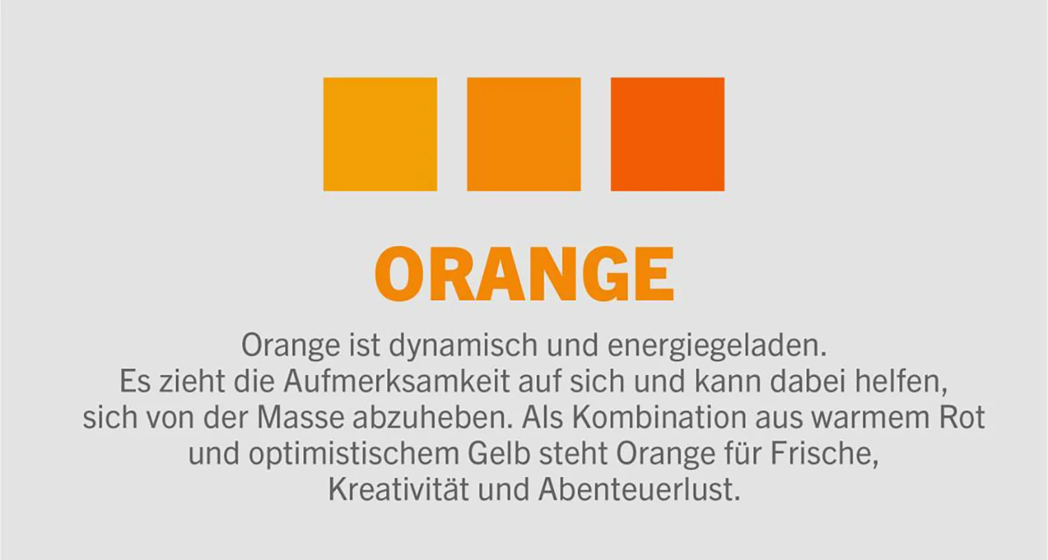 Beschreibung der Farbbedeutung von Orange mit Beispielen unterschiedlicher Orangetöne.