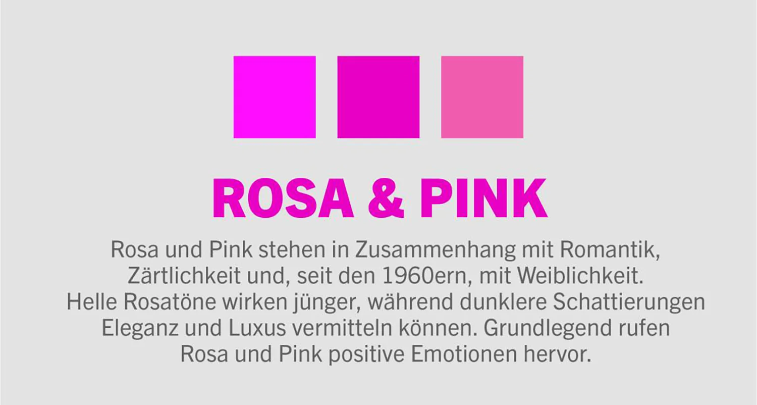 Beschreibung der Farbbedeutung von Rosa mit Beispielen unterschiedlicher Rosatöne.