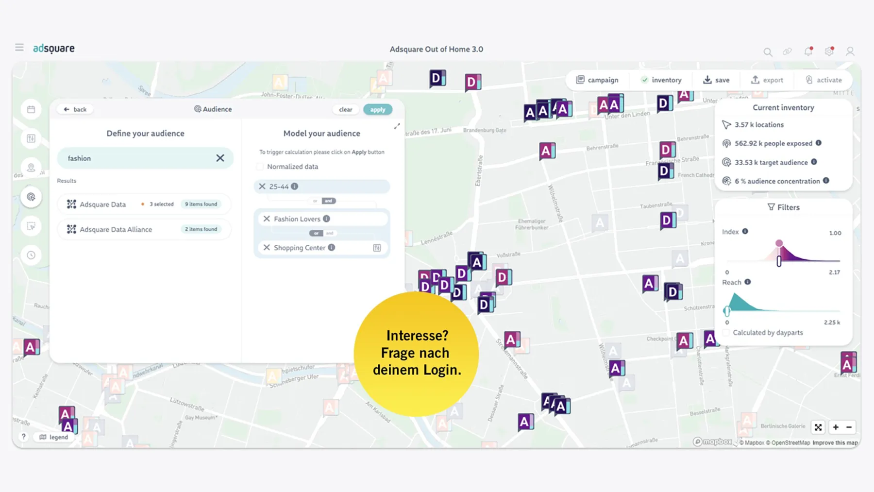 Screenshot zeigt die Benutzeroberfläche des OOH-Planners von adsquare.