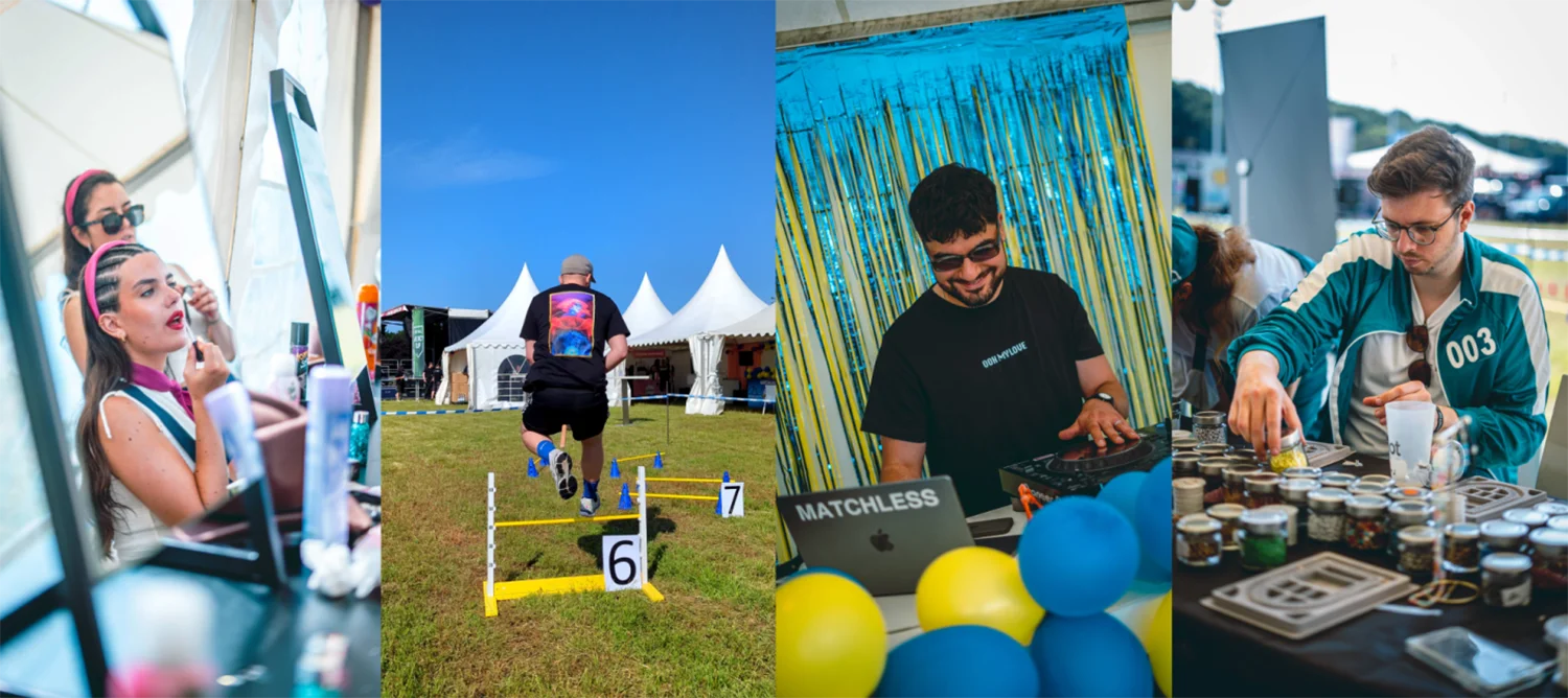 Collage an Bildern zeigt Schminktisch, Hobbyhorsing, DJ-Pult und Perlen-Bastelstation beim WallDecaux Cheerleader Cup 2025.